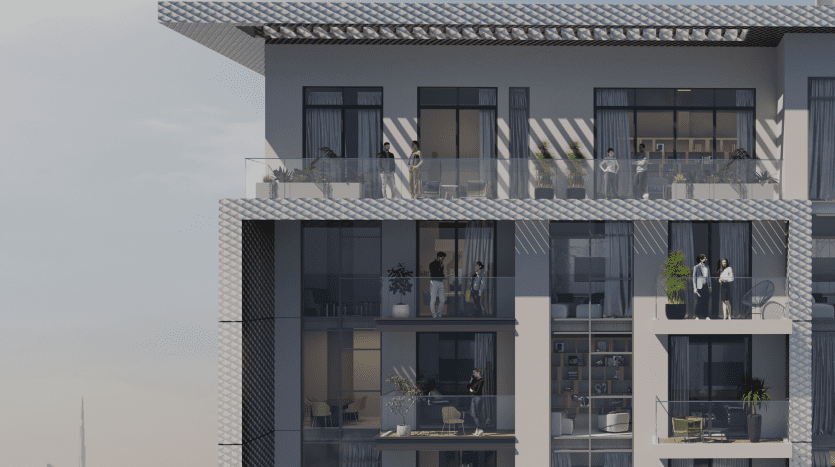 Façade d'immeuble moderne de grande hauteur avec balcons et résidents profitant de diverses activités. L'horizon de la ville lointaine, mettant en valeur le premier immobilier Dubaï, est visible en arrière-plan.