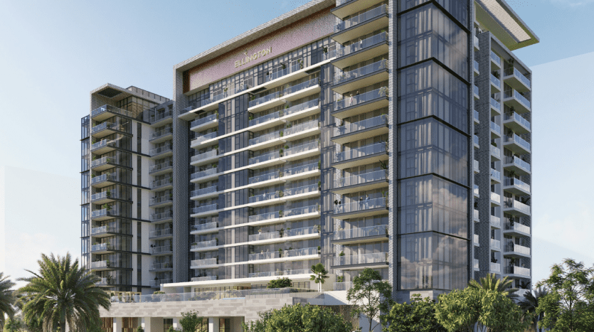 Représentation artistique d'une villa moderne de grande hauteur à Dubaï avec de grands balcons et des façades vitrées, entourée d'une verdure luxuriante sous un ciel dégagé.