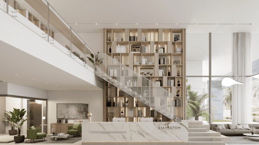 Villa moderne et spacieuse à Dubaï avec de hauts plafonds et de grandes fenêtres. Comprend un comptoir en marbre blanc, des étagères en bois et un élégant escalier menant à un niveau supérieur. Décoration élégante et minimaliste avec du vert