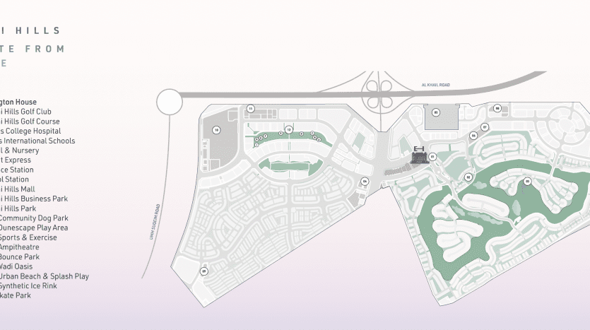 Carte du domaine de Dubai Hills présentant des lieux comme Ellington House, une villa à Dubaï, des écoles et des parcs, mis en évidence par des endroits étiquetés reliés par des sentiers.