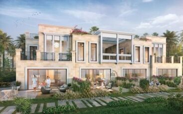 Illustration of a luxurious two-storey villa in Dubai surrounded by lush gardens, featuring large windows, balconies where people relax and elegant outdoor furniture.