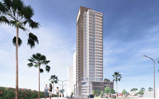 Rendu architectural d'un immeuble résidentiel moderne de grande hauteur à Dubaï sous un ciel clair, entouré de palmiers et de personnes profitant du soleil à l'extérieur.