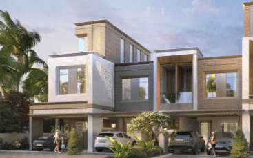 Modern two-storey villa in Dubai with flat roof, concrete and stone facade, large windows and cars parked in front. Two people outside engaged in activities.