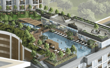 Vue aérienne d'un toit de luxe à Dubaï doté d'équipements comprenant une piscine, des espaces de détente, des jardins luxuriants et des sentiers piétonniers, le tout entouré d'une architecture moderne.