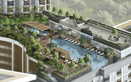 Vue aérienne d'un toit de luxe à Dubaï doté d'équipements comprenant une piscine, des espaces de détente, des jardins luxuriants et des sentiers piétonniers, le tout entouré d'une architecture moderne.