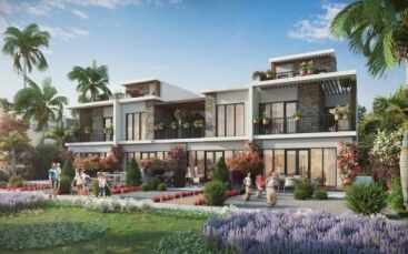 A digital rendering of a modern two-storey villa in Dubai with people strolling through lively gardens in the foreground. The architecture features a mix of stone, wood and large glass windows.