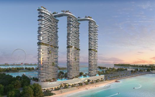 Un rendu numérique de deux gratte-ciel futuristes et incurvés surplombant un front de mer à Dubaï, avec une verdure luxuriante et une grande roue en arrière-plan au coucher du soleil.