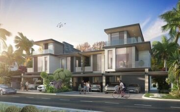 Illustration of a modern multi-storey residential villa in Dubai with vast glass windows and balconies, surrounded by lush greenery. People and cars are visible along the street in a serene suburban setting.