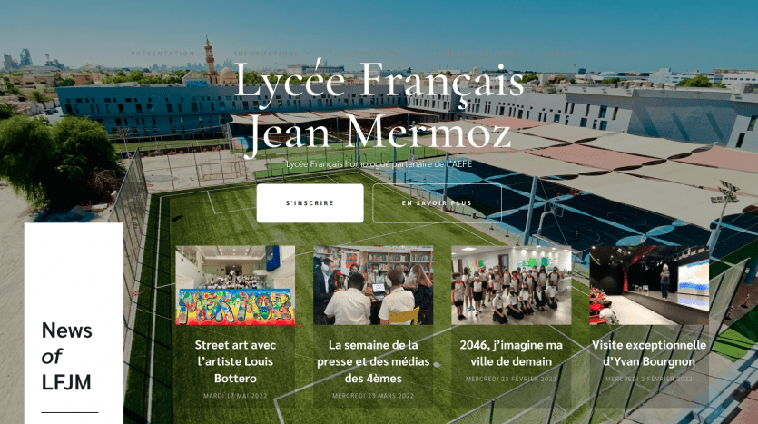 Page d'accueil du site Web du lycée français Jean Mermoz montrant une bannière supérieure avec une vue aérienne de l'école, et ci-dessous des vignettes renvoyant vers des articles de presse sur les événements de l'école et les activités sponsorisées par la villa Dubaï.