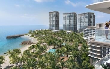 Luxurious illustration of a beachfront resort featuring modern high-rise buildings, a lush palm landscape and people enjoying a view from the balcony of an apartment overlooking a serene beach and the ocean in Dubai.