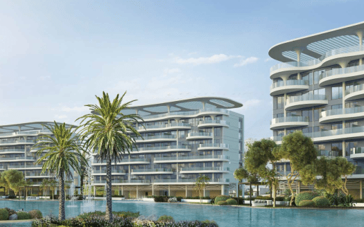 Rendu architectural d'un complexe résidentiel moderne en bord de mer à Dubaï avec des bâtiments incurvés à plusieurs étages, entourés de palmiers luxuriants et de jardins paysagers.
