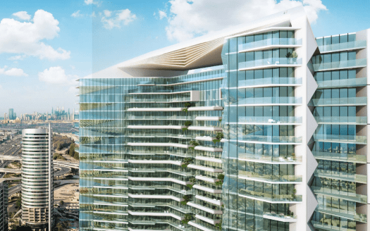 Gratte-ciel moderne aux lignes architecturales fluides et aux vastes façades vitrées, surplombant un paysage urbain avec des autoroutes et des bâtiments lointains sous un ciel clair à Dubaï.