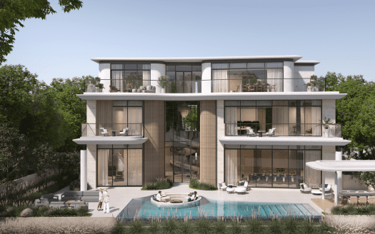 Une villa moderne de deux étages dotée de grandes fenêtres en verre, de plusieurs balcons et d'une grande piscine entourée d'une verdure luxuriante. Deux personnes sont visibles près de la piscine.