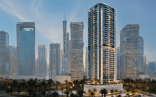 Altiera Heights par Ellington Properties se dresse en évidence devant plusieurs autres grands gratte-ciel, entouré de palmiers et de lumières de la ville, sous un ciel bleu clair au crépuscule.