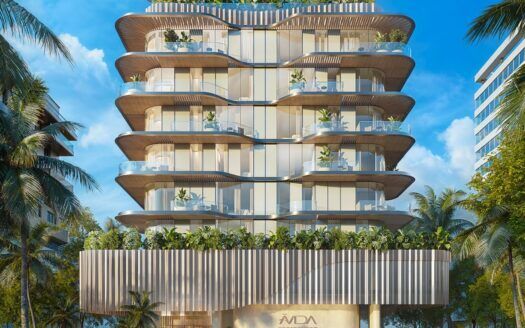 Un moderno edificio a più piani con balconi curvi e ringhiere in vetro, circondato da palme. L'Avida Residences Dubai Islands è caratterizzato da verde su ogni balcone e da un design pulito e contemporaneo sullo sfondo di un cielo azzurro brillante.