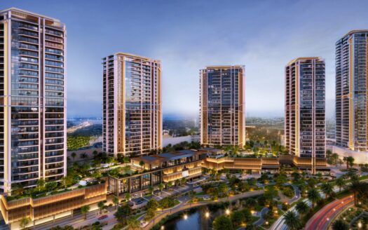 Eltiera Views est un complexe urbain moderne composé de cinq hautes tours résidentielles couvertes de verre, surplombant un espace paysager avec des palmiers, des plans d'eau et des bâtiments podiums reliés entre eux au coucher du soleil.
