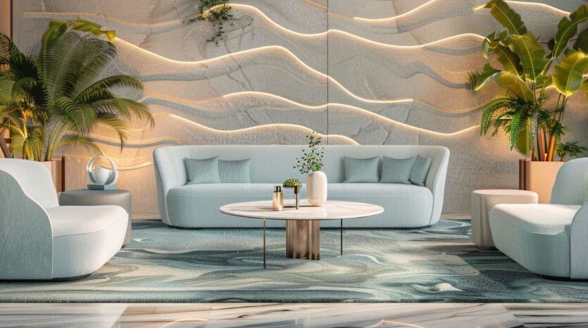 Un salon moderne avec des canapés bleu clair Coralis, une table basse ronde en marbre, des plantes vertes luxuriantes et un éclairage mural ondulé créent une atmosphère sereine et élégante. Le tapis et la décoration sont assortis à la palette de couleurs douces et apaisantes.