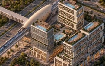 Vue aérienne des tours modernes de Raw District by Imtiaz, avec des piscines sur les toits, des palmiers et des routes à proximité. Une gare futuriste de forme ovale se trouve à proximité du complexe et est longée par une voie ferrée légère.
