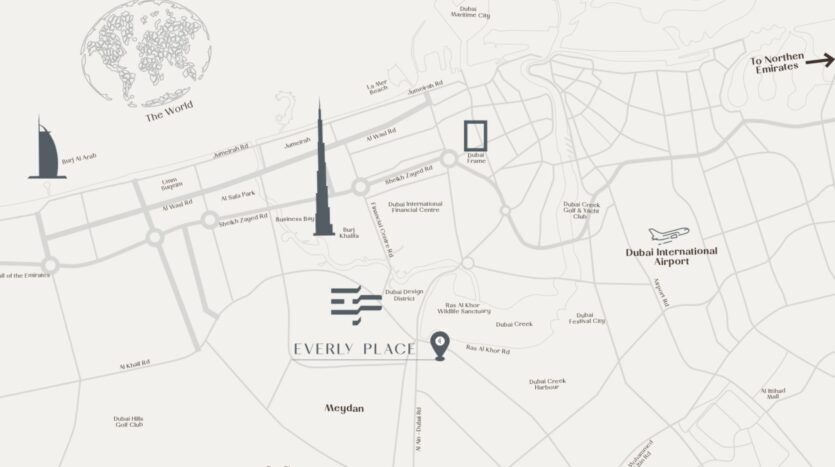 Une carte en niveaux de gris de Dubaï met en avant Everly Place by Ellington à Meydan, avec des icônes représentant des sites emblématiques tels que la Burj Khalifa, la Burj Al Arab et l'aéroport international de Dubaï, ainsi que les principaux axes routiers et les zones environnantes.