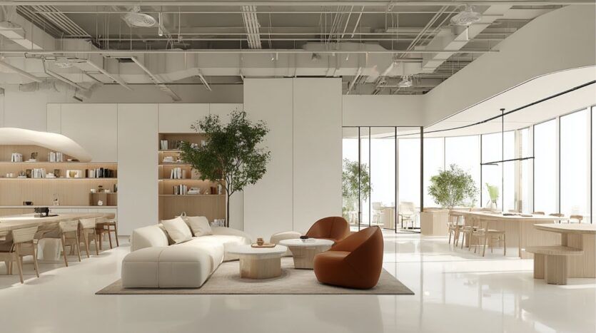 Un espace de vie moderne et spacieux dans le Damac District Dubai avec un décor minimaliste, comprenant un canapé sectionnel blanc, des chaises brunes, des tables en bois, des étagères, des arbres d'intérieur verts, et de grandes fenêtres du sol au plafond remplissant l'espace de lumière naturelle.