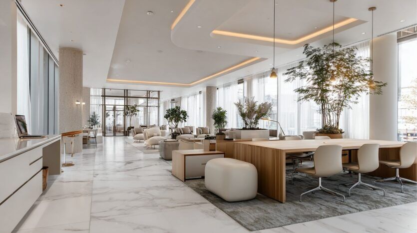 Spacieux salon moderne dans le Damac District de Dubaï avec des sols en marbre blanc, de grandes fenêtres, des meubles de couleur neutre, des plantes d'intérieur et des tables en bois ; la lumière naturelle remplit l'espace aéré et élégant.