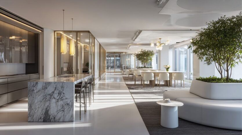 Salon de bureau moderne et spacieux dans le Damac District de Dubaï, avec une île en marbre, des chaises hautes, des salles de réunion vitrées, des canapés ronds et blancs, des arbres d'intérieur, des tables rondes et de grandes fenêtres laissant entrer la lumière naturelle.