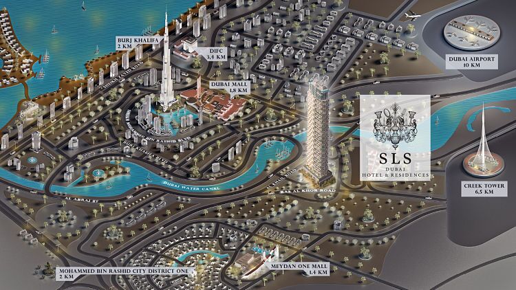 Carte illustrée de Dubaï présentant des monuments tels que Burj Khalifa, SLS Dubaï et Creek, avec les distances indiquées par rapport à d'autres endroits et des icônes représentant différentes zones.