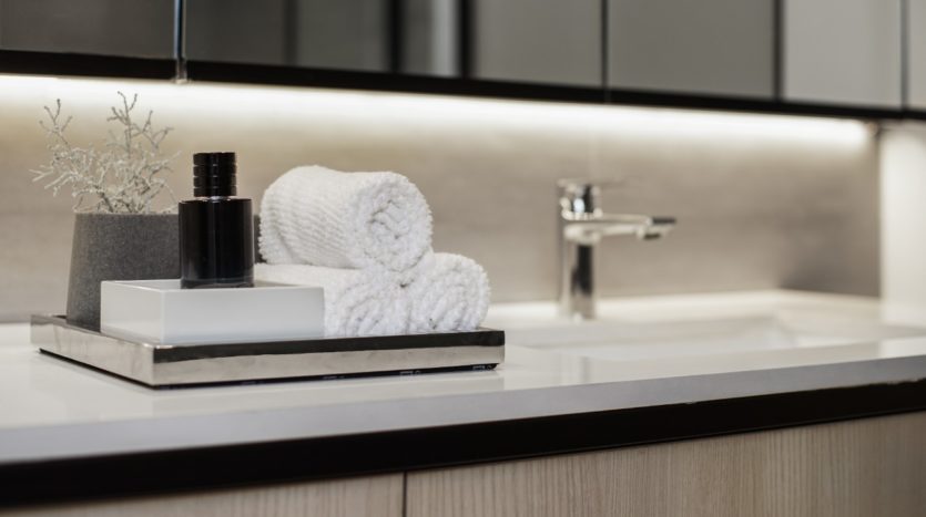 Un comptoir de salle de bains moderne de Wilton Park avec des serviettes blanches soigneusement pliées, des produits de bain sur un plateau et une plante décorative à côté d'un lavabo et d'un robinet élégants, éclairés par un éclairage zénithal doux.