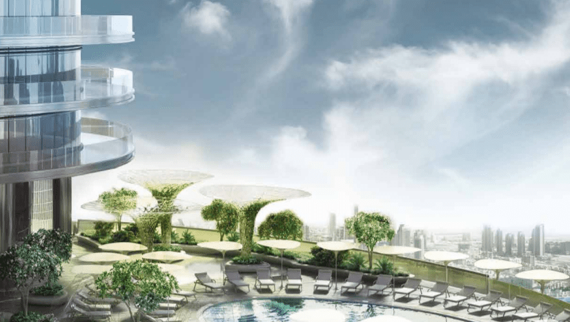 Immeuble moderne de grande hauteur sur Imperial Avenue avec jardins en terrasses et piscine luxueuse sur le toit, entouré d'un magnifique paysage urbain sous un ciel bleu clair avec des nuages à la dérive.
