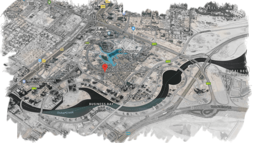 Carte satellite de Dubaï mettant en évidence les zones clés telles que le centre-ville de Dubaï et Business Bay, avec des monuments remarquables, notamment l'Imperial Avenue et le canal de Dubaï, visibles.