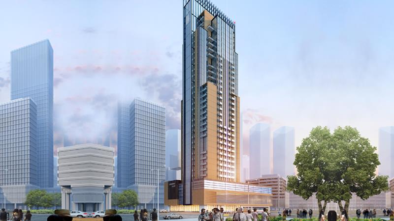 Rendu architectural de "La Tour Carrée", un gratte-ciel moderne au milieu d'autres bâtiments de la ville, avec des piétons visibles au premier plan sous un ciel bleu clair.