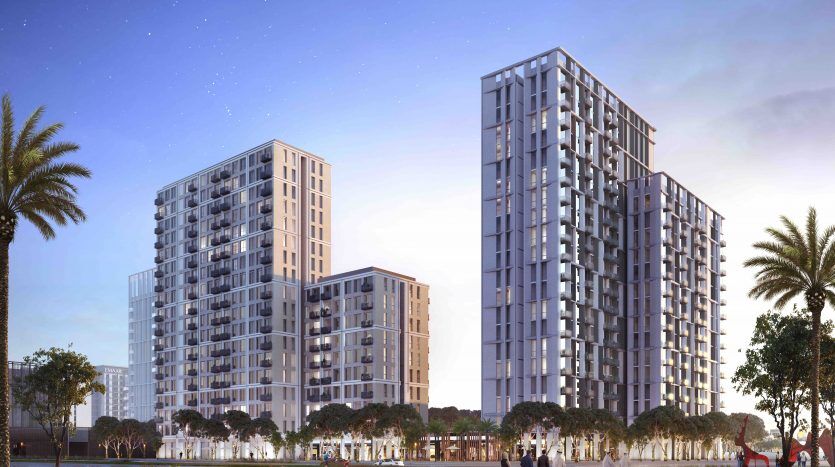 Rendu architectural de deux immeubles résidentiels de grande hauteur aux façades de verre, commercialisés par une agence immobilière de Dubaï, flanqués d'une verdure luxuriante et de palmiers, avec des passants dans un