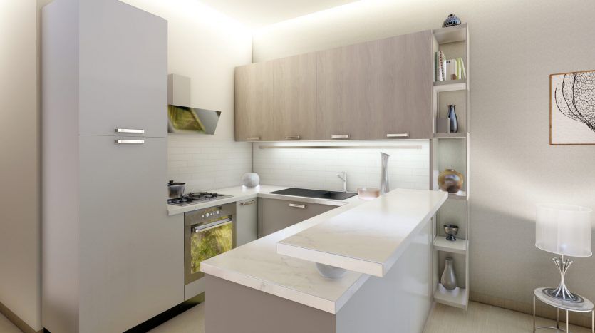 Intérieur de cuisine moderne sur Samanag Golf Avenue avec des armoires blanches et en bois, un comptoir en marbre et des appareils intégrés. Le design comprend un éclairage subtil et des tons neutres.