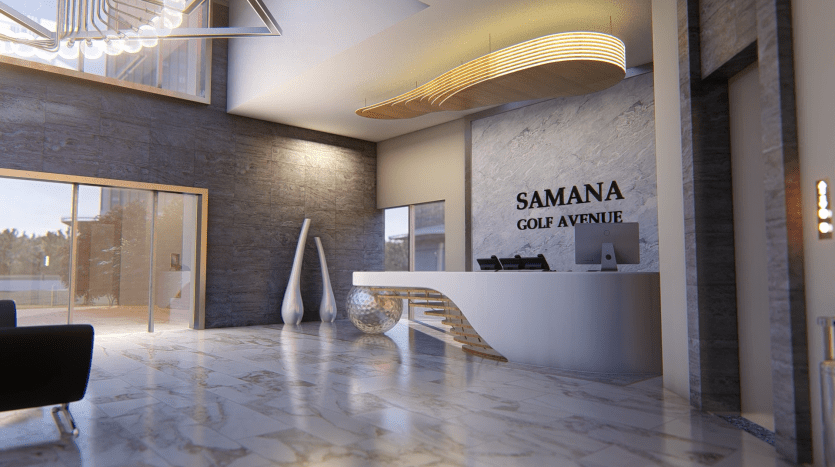Lobby moderne et élégant avec sols en marbre, un élégant comptoir de réception étiqueté « samanag golf avenue », des vases décoratifs et un éclairage contemporain. Une porte en verre sombre s'ouvre sur l'extérieur.