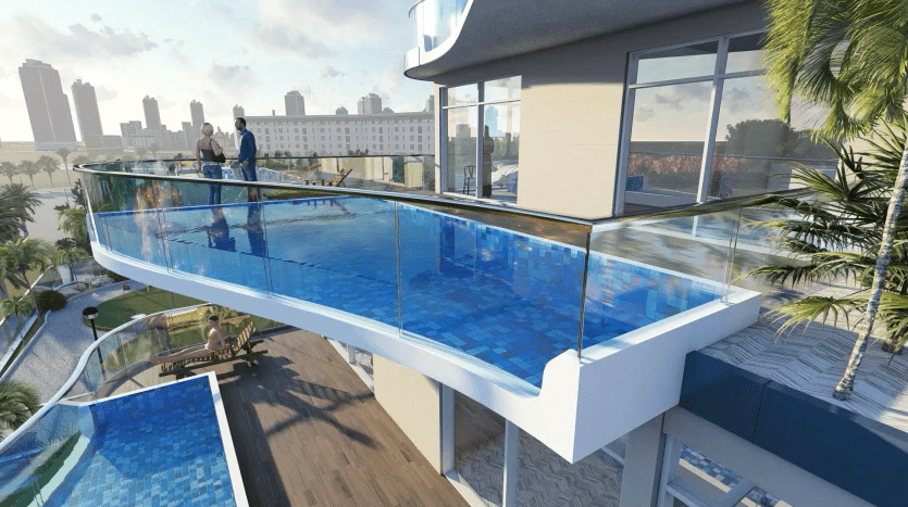 Un rendu architectural d'une luxueuse piscine avec balcon sur Samanag Golf Avenue, surplombant les toits de la ville, avec un couple admirant la vue. La piscine présente une paroi transparente et des palmiers sont visibles