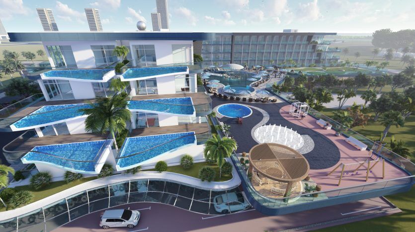 Un complexe luxueux comprenant plusieurs niveaux de piscines bleues en cascade et des bâtiments blancs modernes entourés d'une verdure luxuriante sur Samanag Golf Avenue, avec une voiture garée au premier plan.