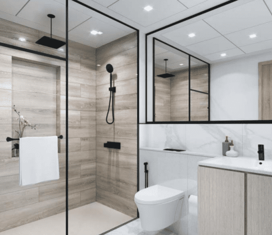 Salle de bain moderne de l'Aria Résidence Dubai avec cabine de douche en verre, panneaux muraux en bois, toilettes en céramique blanche et vanité avec lavabo intégré. Design minimaliste avec des luminaires noirs et une petite plante.