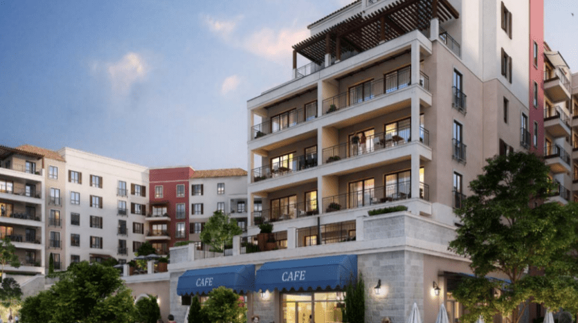 Une place résidentielle animée avec des passants, des immeubles d'habitation modernes avec balcons et un café au crépuscule à la voile port de la mer, entouré de verdure luxuriante et de sentiers lumineux.