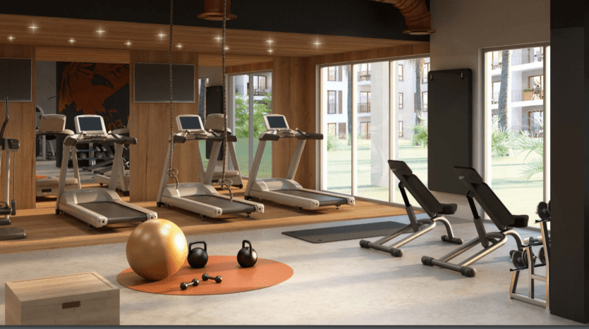 Une salle de sport moderne avec parquet et murs en bois, équipée de tapis roulants, de bancs de musculation et de ballons d'exercice. L'espace est bien éclairé et dispose de grandes fenêtres donnant sur La Voile Port de la Mer.