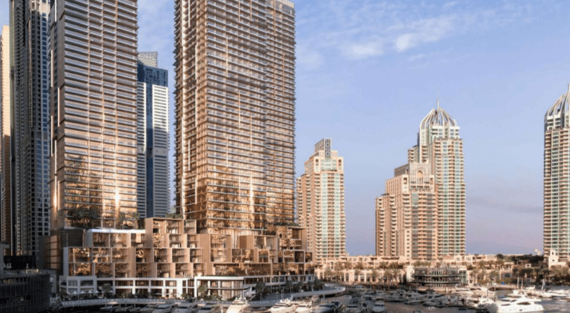 Bord de mer avec gratte-ciel modernes et porte Jumeirah Living Marina, représenté sous un ciel clair au crépuscule, mettant en valeur les façades réfléchissantes des bâtiments et la diversité architecturale.