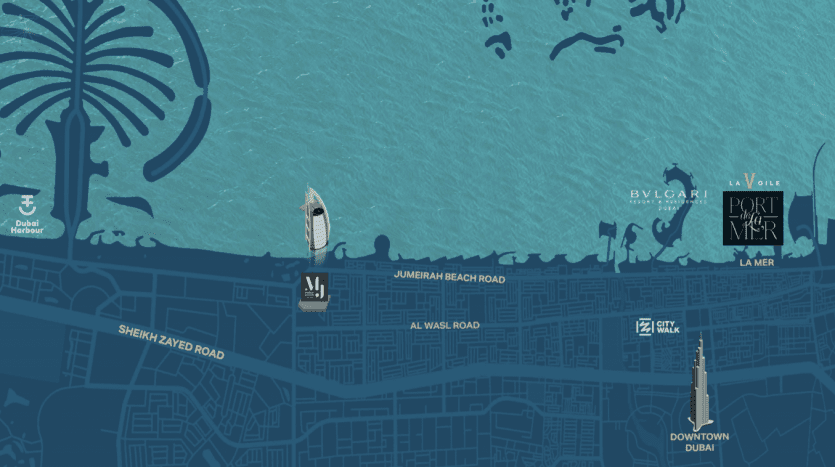 Carte illustrative de Dubaï, mettant en évidence des monuments et des quartiers emblématiques tels que le centre-ville de Dubaï et La Voile Port de la Mer, décorée d'icônes stylisées comme un palmier et un voilier sur un fond bleu sarcelle.