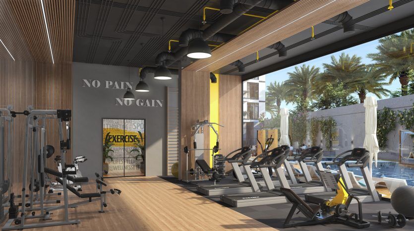 Une salle de sport moderne avec divers appareils d'exercice, des poids et une fresque murale inspirante « pas de douleur, pas de gain » au Panthéon Elysée 2, présentant un design élégant et contemporain avec une abondance de couleurs naturelles.