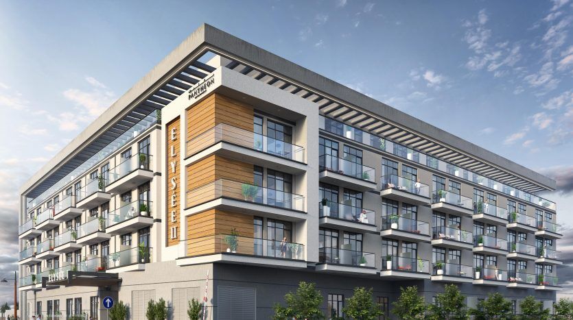 Rendu architectural de l'immeuble moderne Panthéon Elysée 2 avec balcons, boiseries et coin café. Les gens marchent et conversent près des voitures garées sur un