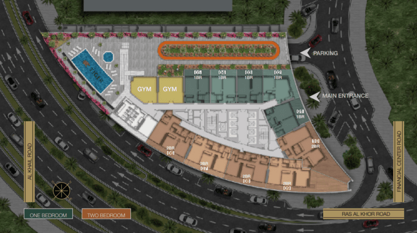 Vue de haut en bas d'un complexe résidentiel à Dubaï comprenant une salle de sport, une piscine, des places de parking et plusieurs appartements étiquetés par type le long d'une route nommée Pasir Koh Road.