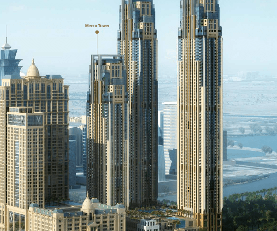Un rendu architectural d'un paysage urbain moderne comprenant trois grands gratte-ciel nommés Noora Tower, Amna Tower et Meera Tower. Les bâtiments sont entourés d'une verdure luxuriante et d'un ciel dégagé