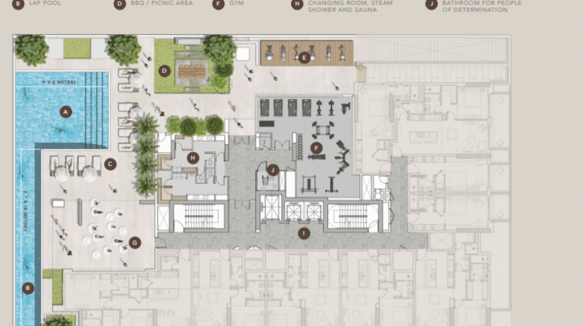 Plan d'étage de l'espace de commodités du 1er étage de Sloane JVC comprenant une piscine de loisirs, des chaises longues, une salle de sport au bord de la piscine, un cinéma en plein air, une zone de divertissement, une aire de barbecue/pique-nique,