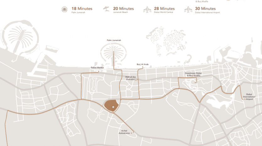 Une carte montrant les emplacements à Dubaï avec les temps de trajet depuis un point central vers divers monuments et quartiers tels que Sloane JVC, Palm Jumeirah et l'aéroport international de Dubaï. Les caractéristiques de conception sont atténuées
