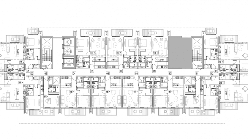Plan d'étage architectural montrant la disposition détaillée d'un immeuble d'appartements de Kensington avec plusieurs unités, pièces étiquetées et mobilier.
