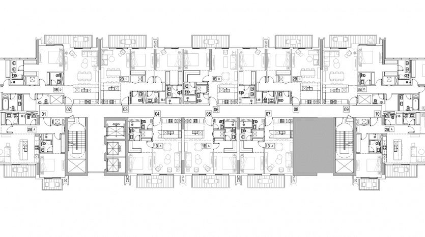 Plan architectural détaillé comprenant de nombreuses pièces avec un mobilier et des dimensions étiquetés, présentant une disposition complète d'un grand bâtiment à Kensington.
