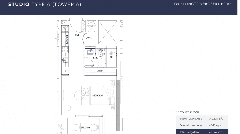Plan d'étage pour un appartement de type studio à Dubaï (tour a) comprenant une chambre, une salle de bains, une cuisine et un salon ; comprend des mesures et un balcon. Les éléments décoratifs comme les meubles sont esquissés